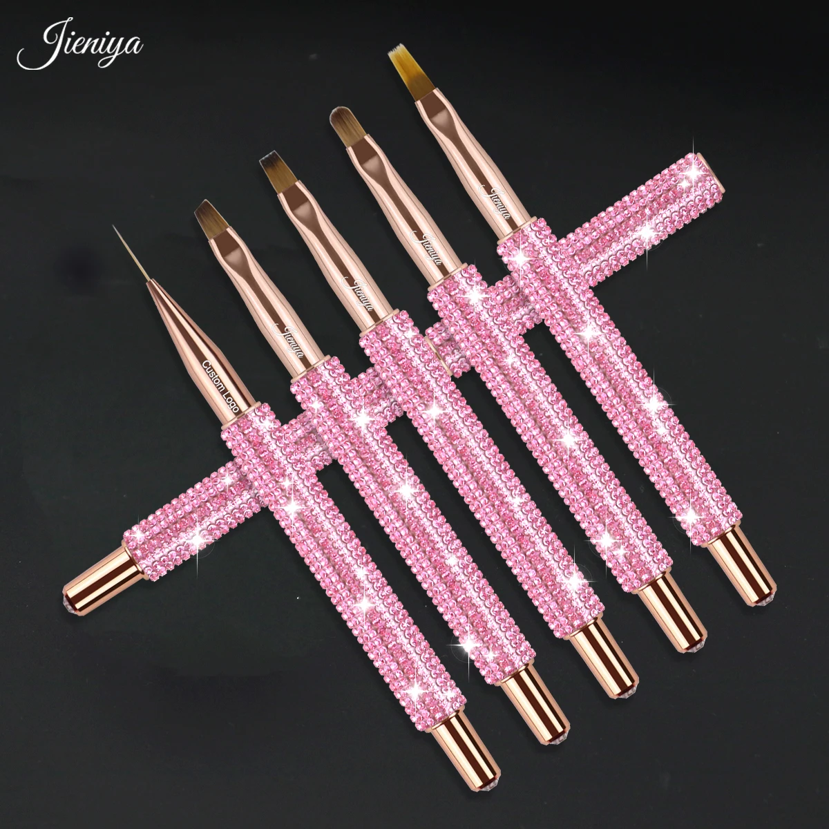 popular Nail salon brush metal handle with pink bling Rhinestones nail brush sets for girls nail designs 2024