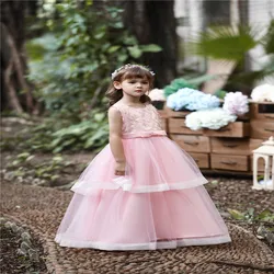 Elegant Style White Wedding Gown Exquisite Pink  Flower Girl  Dress  Kid Party Dresses for Party Birthday Girl Dresses for 12yrs