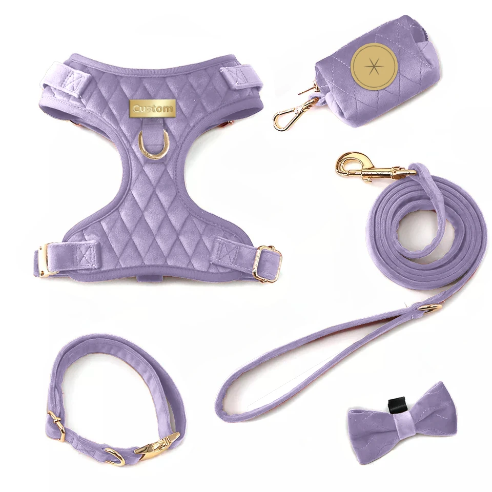 INS hot selling Custom Personalized Corduroy Dog Harness Set Pet Velvet Leash Collar Harness Leads No Pull Dog Harness Luxury