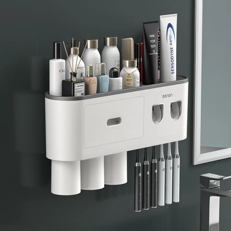tooth paste dispenser with toothbrush holder 4 cups wall mounted fixing