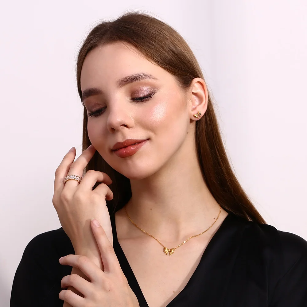 Chic Engraved Bow Earrings 18k Gold Plated Jewelry Set Stainless Steel Jewelry