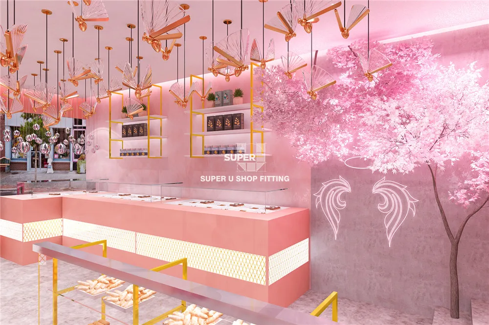 Pink Commercial Desserts Bakery Shop Decoration Custom Coffee Sweet Store Display Counter Bakery Cake Shop Furniture