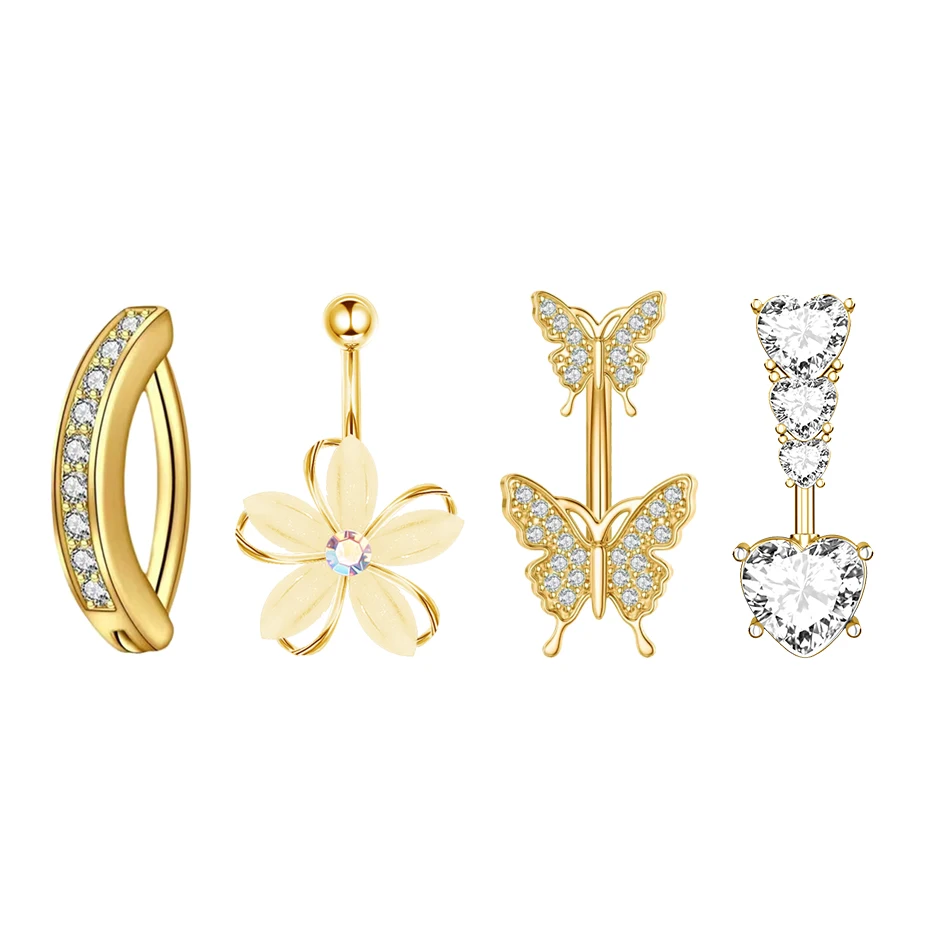 316L Stainless Steel Belly Button Rings Butterfly Flower Curved Barbell Crystal CZ Navel Rings Body Piercing Jewelry