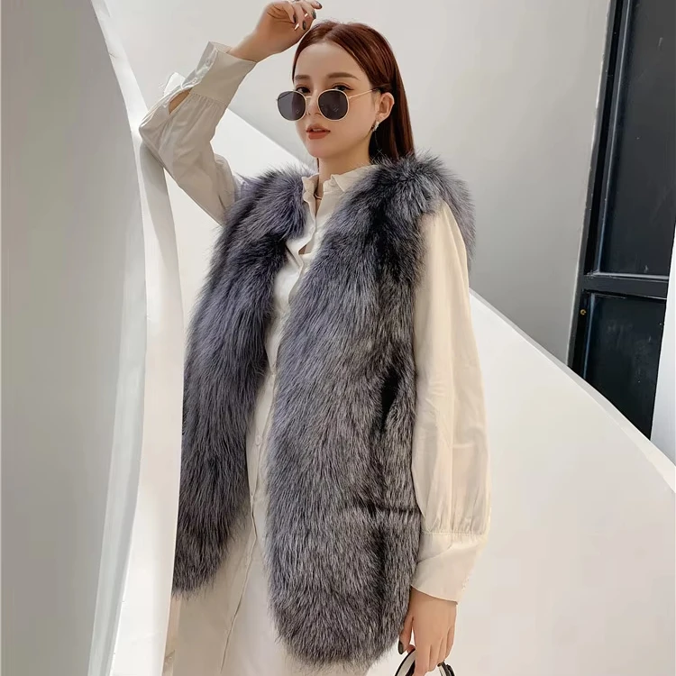 Whole Real Fur Gilet Ladies Natural Silver Fox Fur Vest for Women Furry Fur Waistcoat Winter