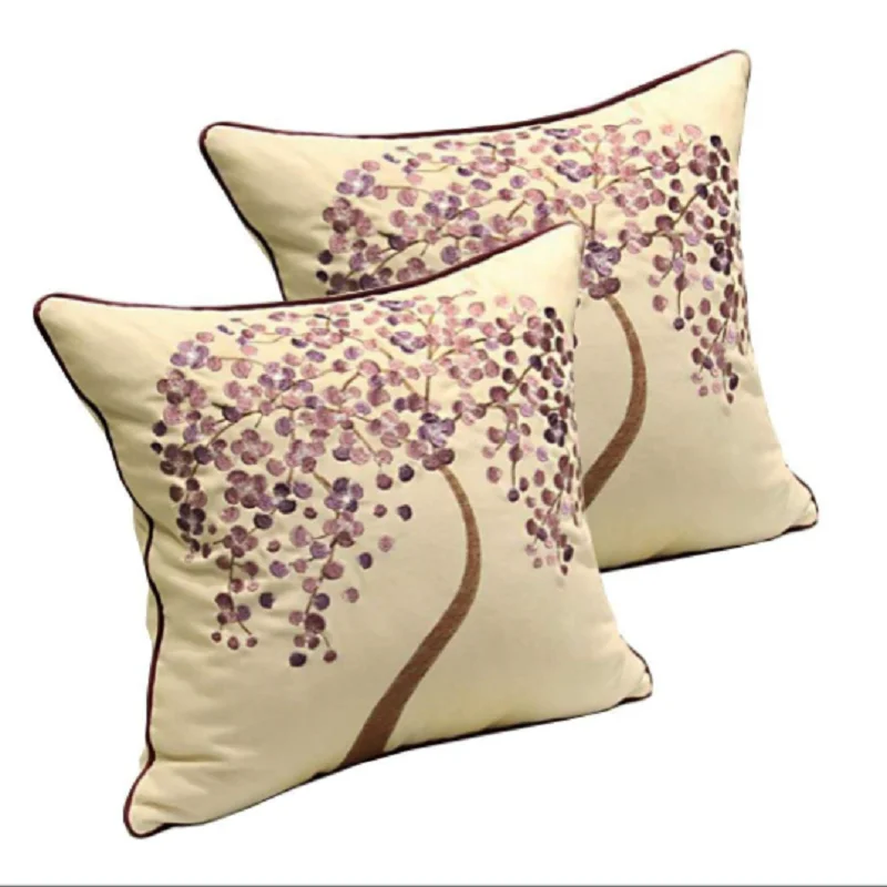 
 Grey Money Tree Cotton Linen Embroidered Cushion Case  with Piping  