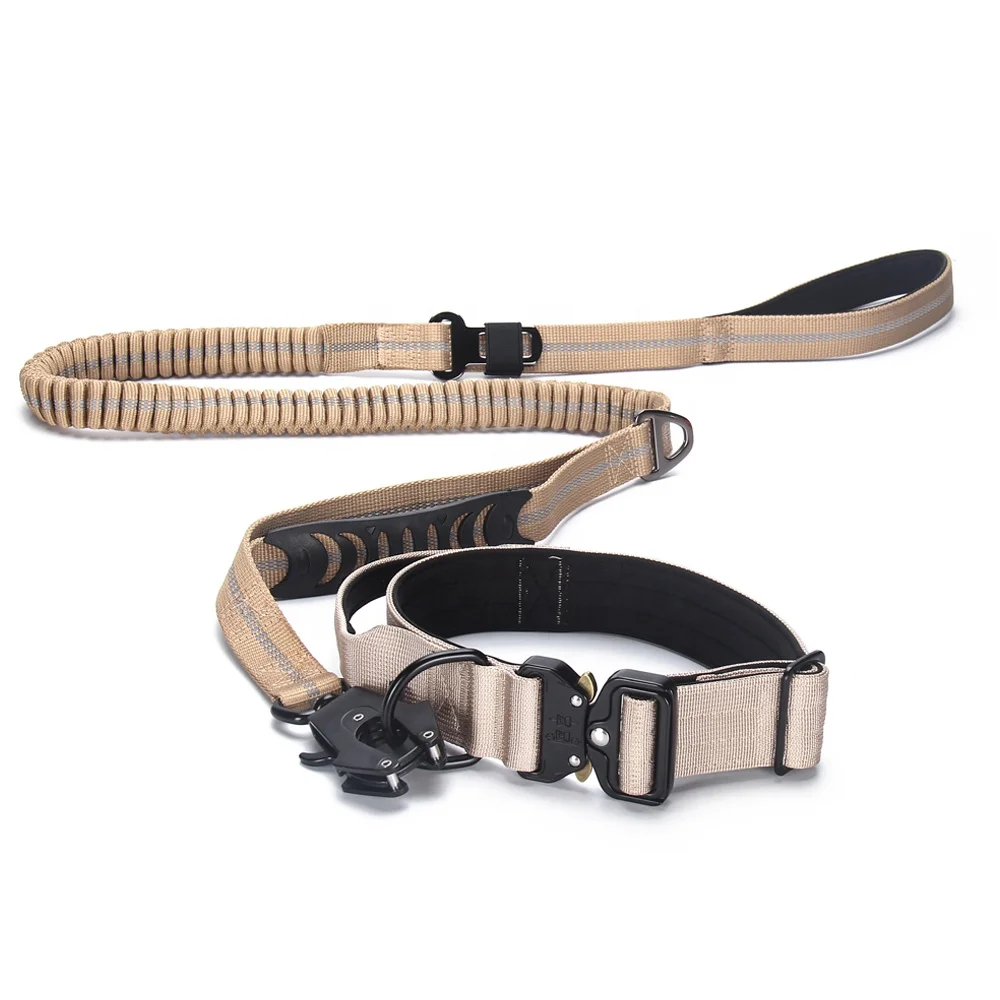 Nylon Tactical Dog Collar and Leash Set with Car Safe Buckle Clip Lead Collar for Medium Large Dogs Heavy Duty Bungee Dog Leash