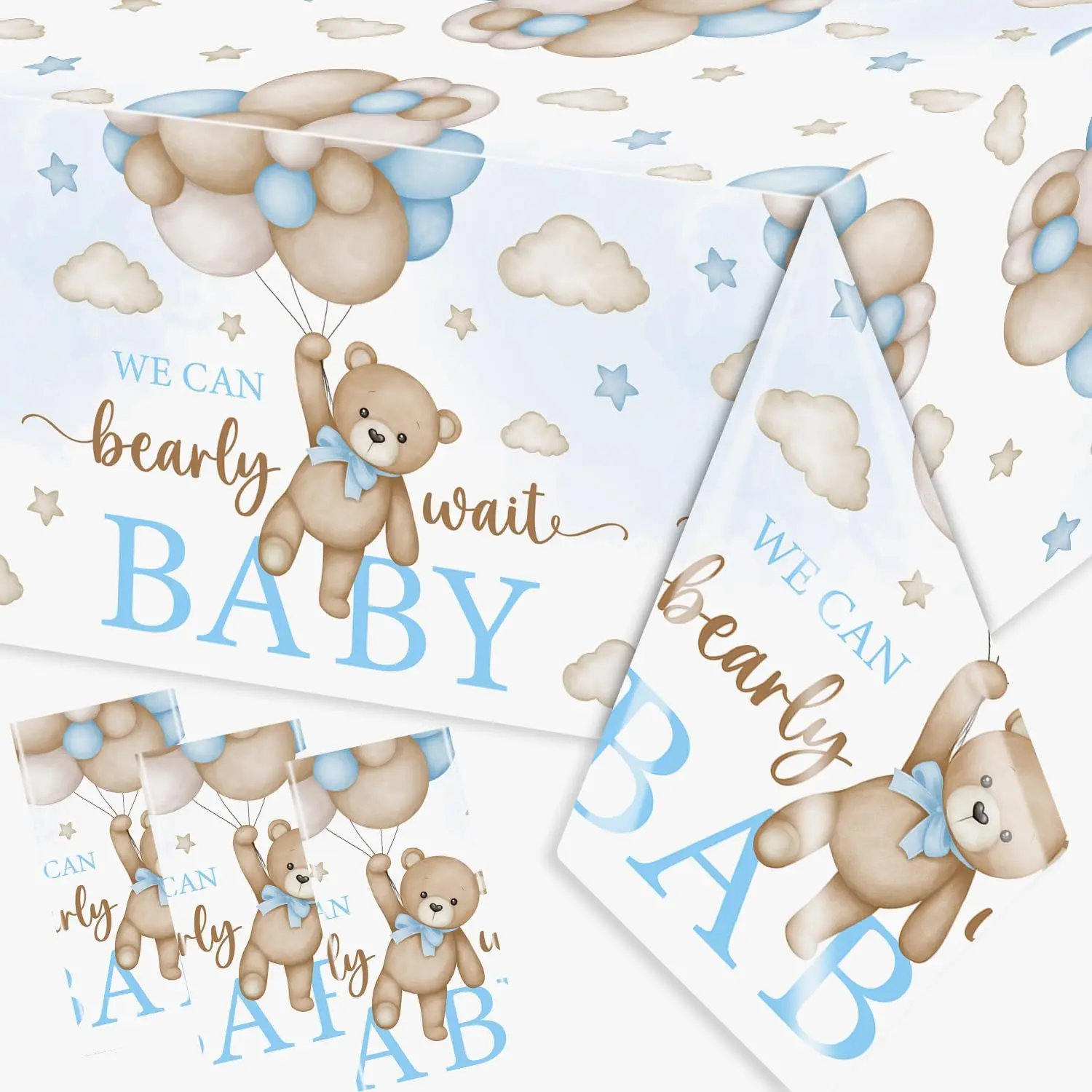 3PCS Teddy Bear Tablecloth We Can Bearly Wait Custom Design Table Cloth for Boy Baby Shower Gender Reveal Party