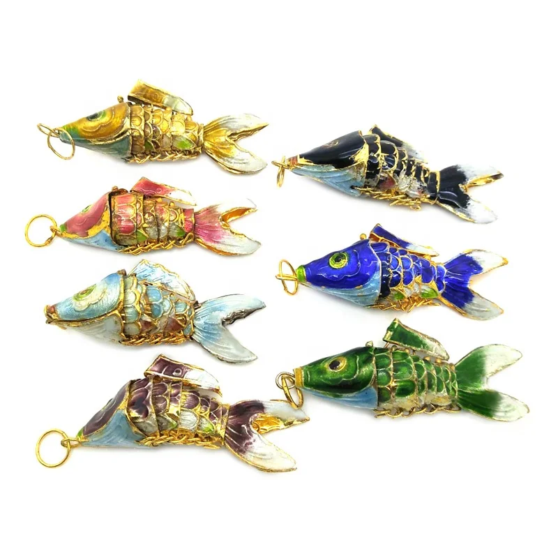 Wholesale various colors 55mm cloisonne moving fish charms pendants  for DIY jewelry making