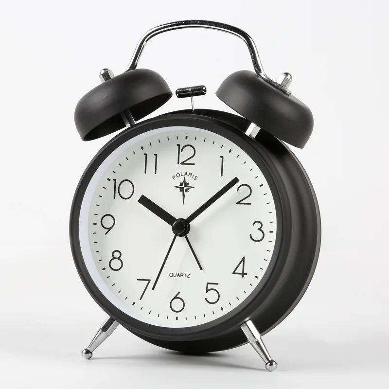 Custom twin bell metal alarm desk clock, silent student bedside table clock