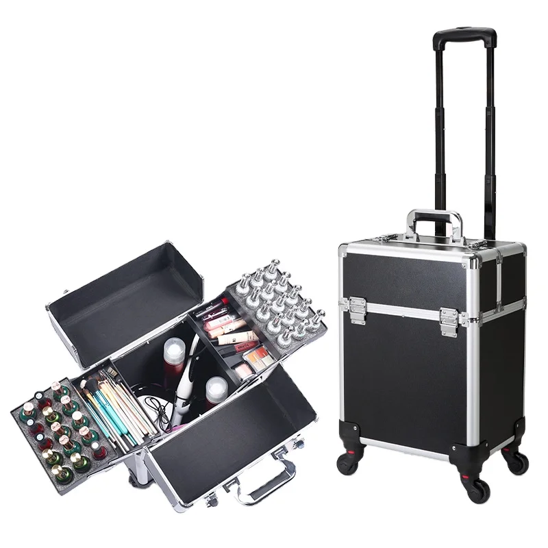 Trolley Cosmetic Box Aluminum Rolling makeup Boxes Case Professional Beauty Professional Makeup Artist Carry Case