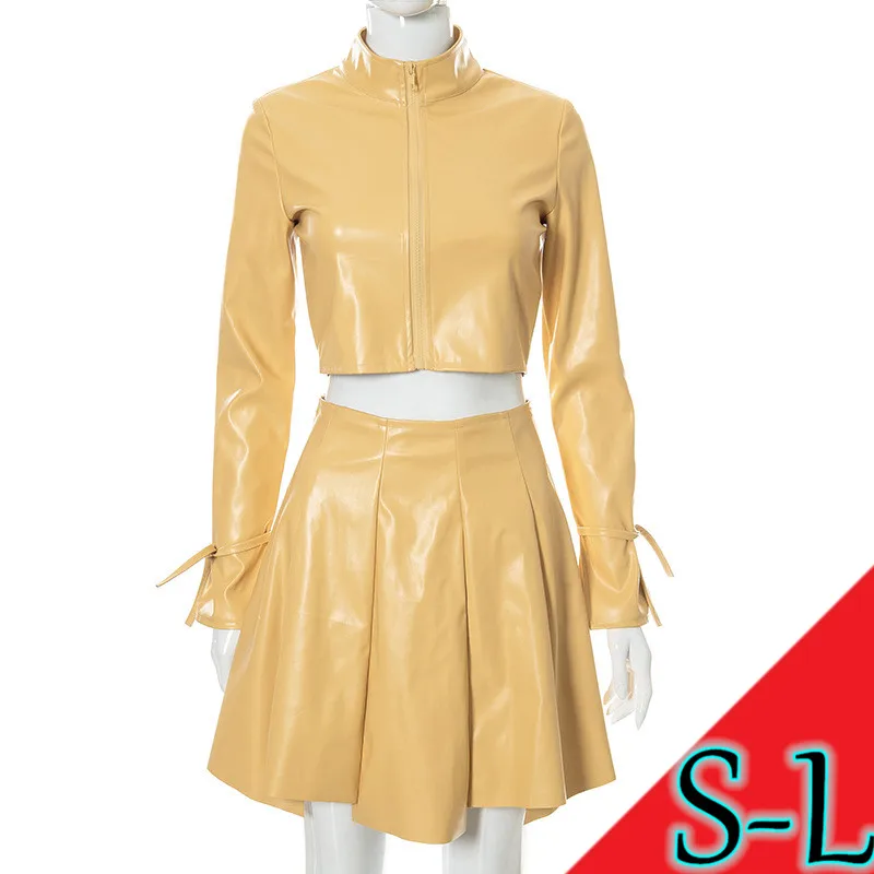 MISS Q K21ST506 Women Leather Jacket With Mini Skirt Sets 2021 Autumn Outfits Stripper Cotsumer 2 Piece Clothes Crop Short Tops