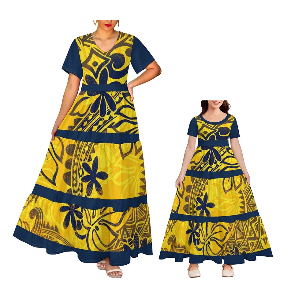 2024 Hot Selling Polynesian Elei Tribal Design Custom Woman Girl V-Neck Short-Sleeved Cake Dress Outfits Family Matching Clothes