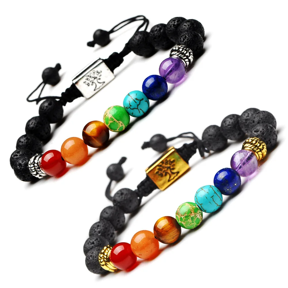 Azone Wholesale 7 Chakra Healing Bracelet Real Stones Volcanic Lava Mala Meditation Bracelets Wrap Stretch Charm Bracelets
