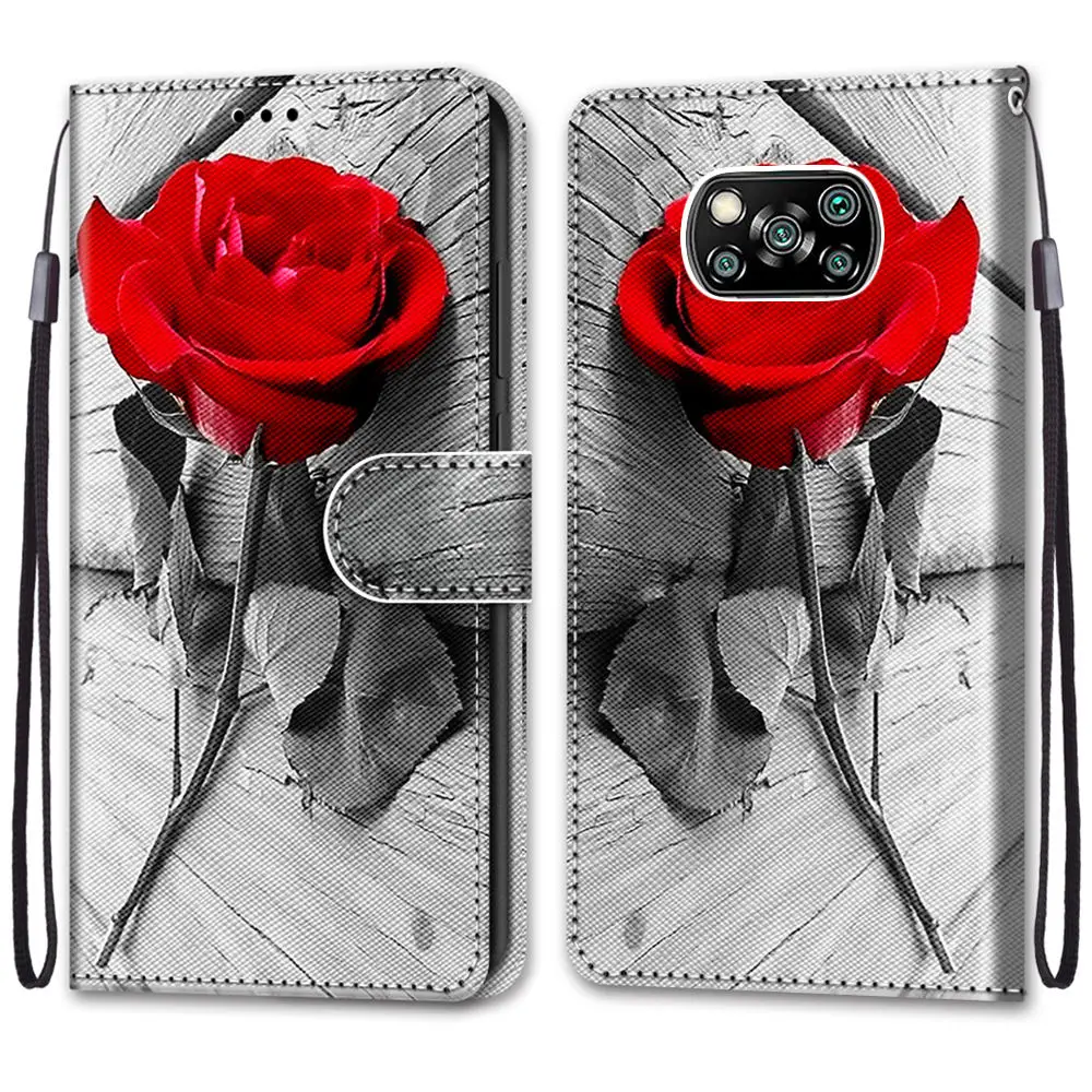 For POCO X3 Rose Flip Case for Xiaomi   Case Capa Cartoon Cat Dog Wallet Leather magnetic Phone Protect Cover