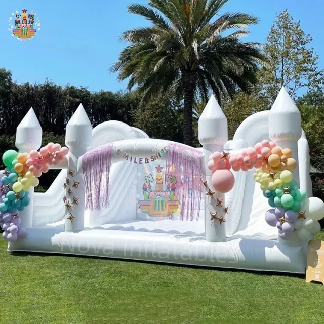 Outdoor large party jumpers wedding bouncer double sided inflatable white bounce house with slide