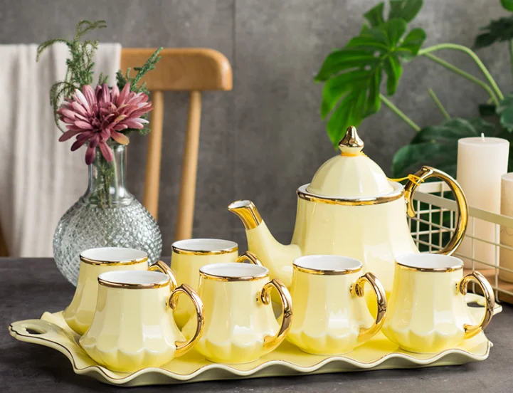 Royal Style Ceramic Coffee Tea Set Included Teapot Tea Cup And Tray Gold Trim Service For 6 Housewarming Gift For Tea Lovers