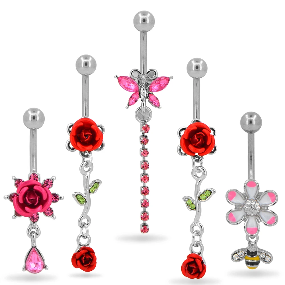 High Quality Cuban Zirconia Rose Belly Button Ring Surgical Steel Girl Body Piercing Jewelry