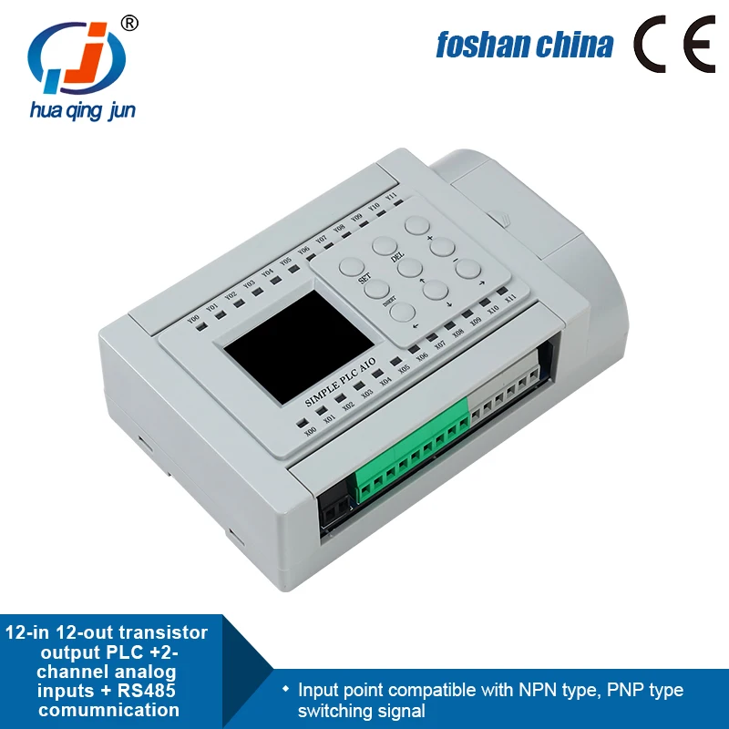 Huaqingjun 12-12-out выход тразистора PLC плюс 2-х канальный аналоговые входные сигналы 0-10В с RS485 DC24V ПЛК для сенсорного экрана