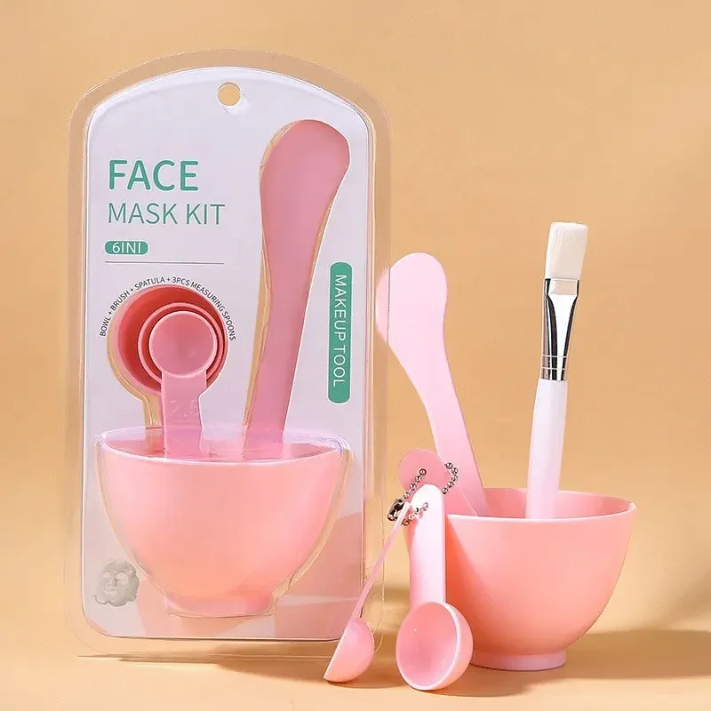 Pink Green Colorful 6pcs Set Measuring Spoon Brush Set Flexible Face Facial Mask Cosmetic Mixing Brush And Bowl