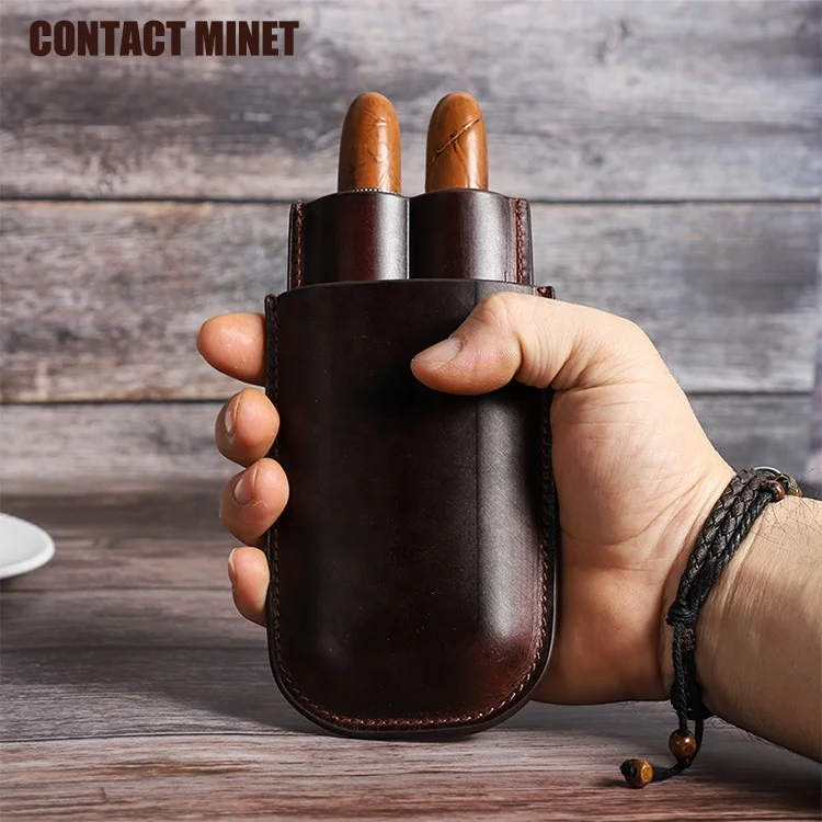 Personalised Custom Genuine Leather Cigar Case Handmade 2 Tube Travel Cigar Holder Box For Men