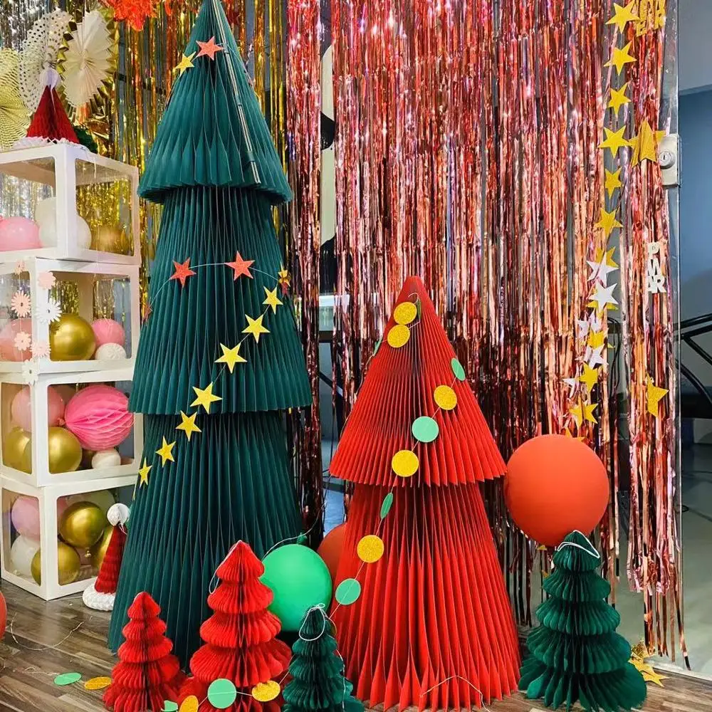 Handmade paper decorations red Christmas tree window decoration backdrop display props honeycomb foldable