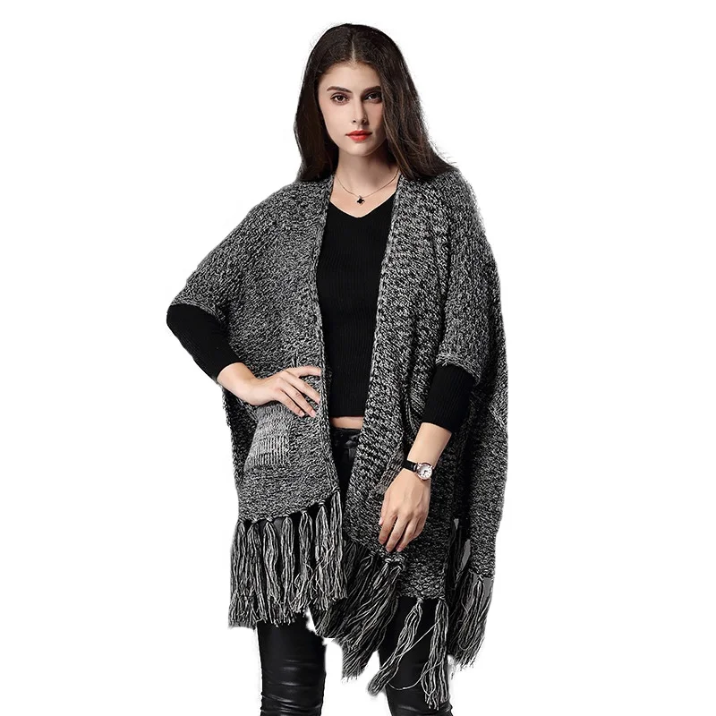 
2021 Lady Knitted Poncho Autumn Winter Cardigan Fashion Tassels Casual Batwing Sleeves Open Stitch Long Plus Size Sweater 