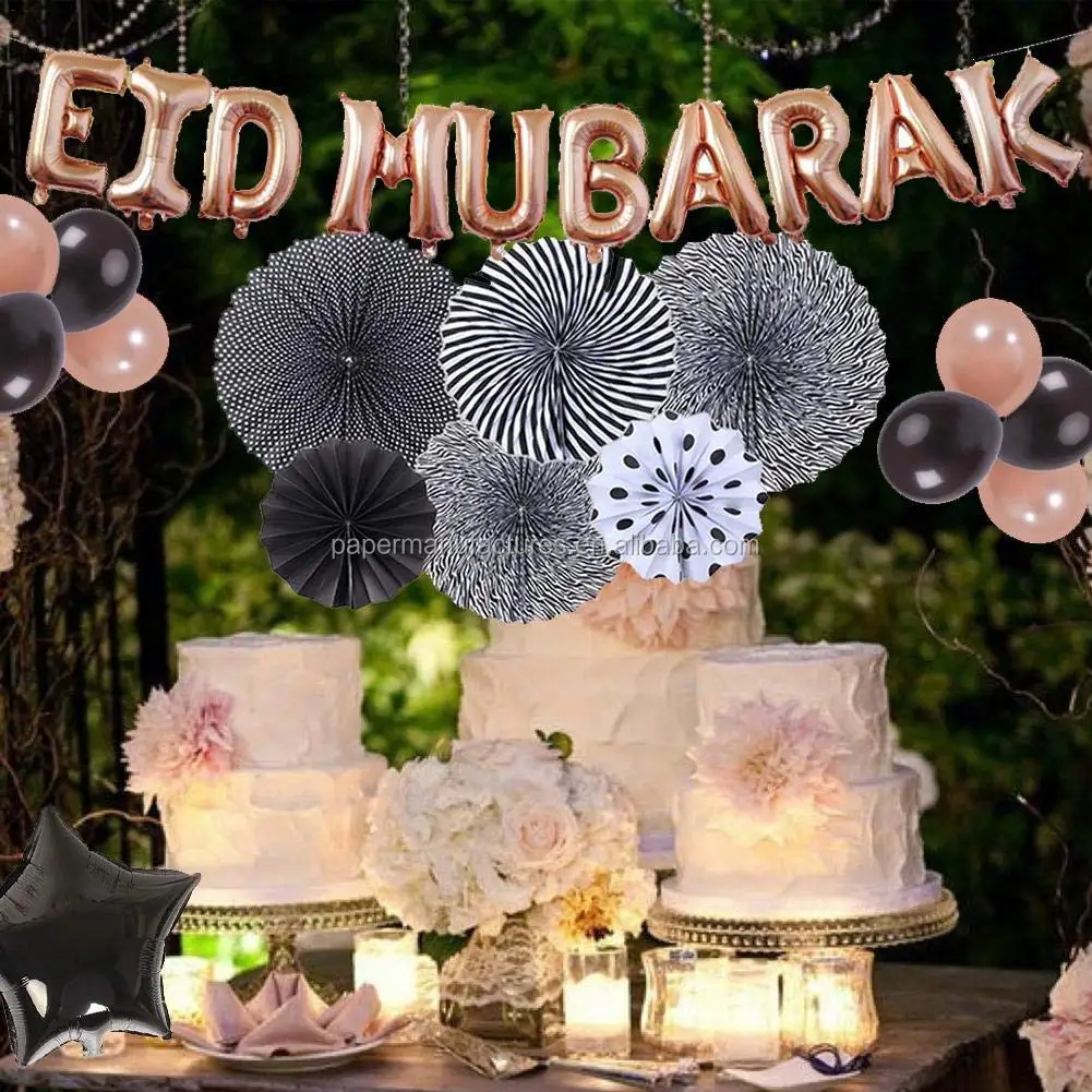 Eid Mubarak Decoration Party Helium Star Balloon Paper Fan Set Ramadan and Eid Decoration Party Supplies