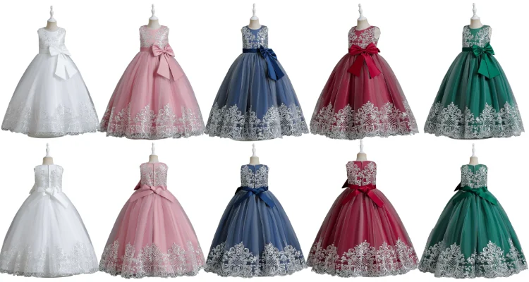 Elegant Cute Kids Dress Mesh Lace Embroidery Performance Princess Dress Bow Wedding Flower Girl Tulle Party Dress Girls