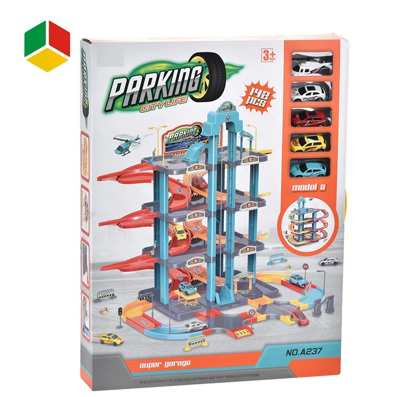 QS High Quality Boy Game Play Against Race Track Set Toys Plastic Garage Toy City Music Light Parking Lot Toy With Car Plane