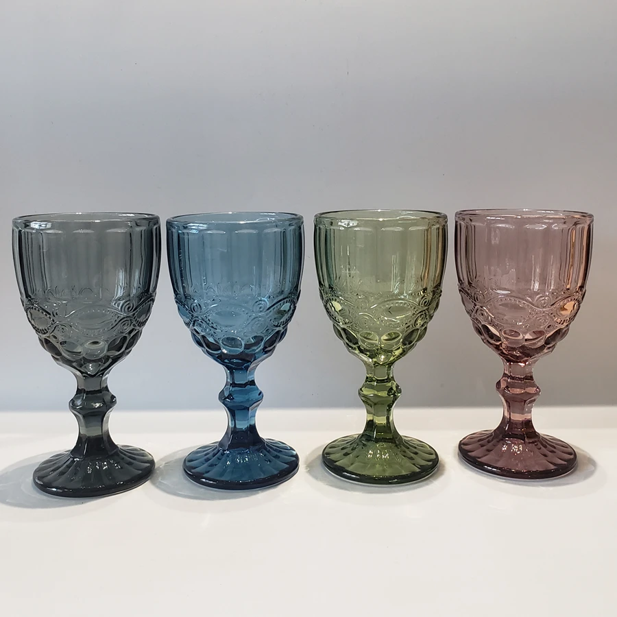 Direct supply thick embossed clear goblet glass multi colored wedding tableware drinkware water goblets