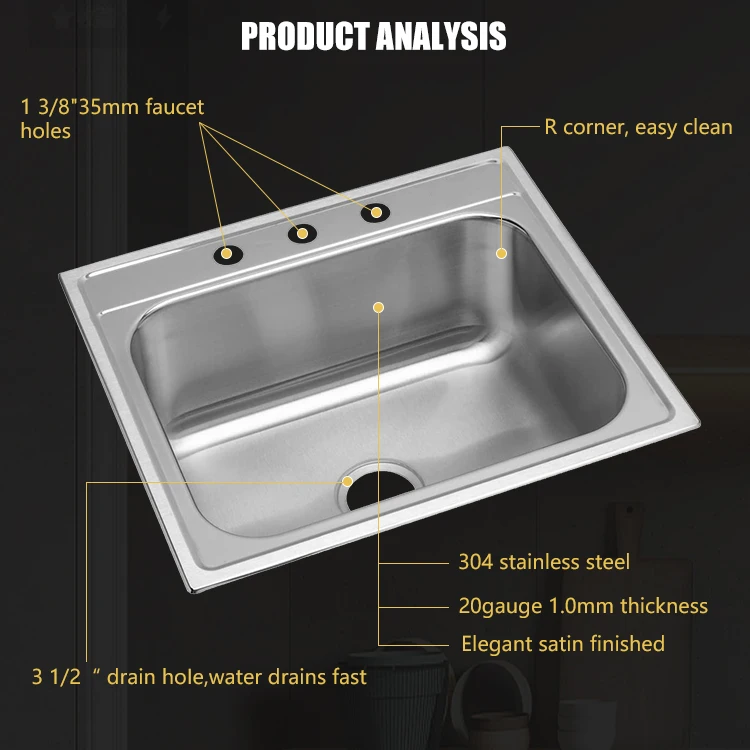 Modern Style 22 Gauge Stainless Steel 304 Kitchen Single Bowl Topmount Sink With Faucet