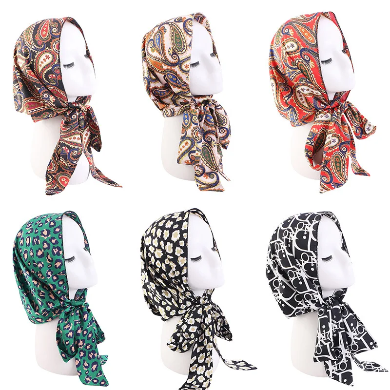 Wholesale Custom Logo Hair Accessories Colorful Pattern Design Silk Satin Headwrap With Strap Turban Head Wrap Turbans For Women