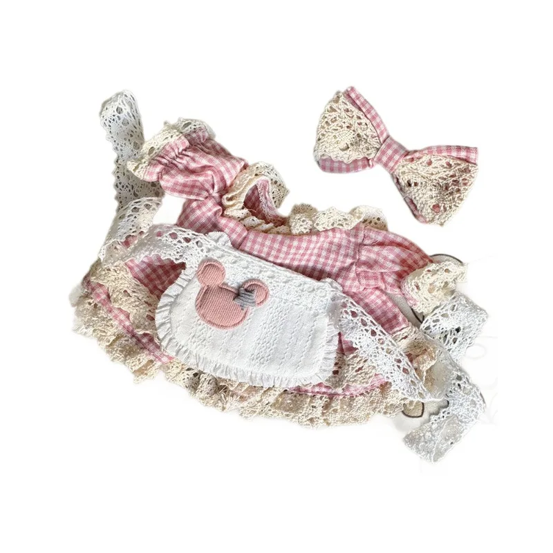 Only clothing High Quality 20cm Baby Three Cute Series Baby Clothes Plush Doll Checkered Mickey Maid Dress