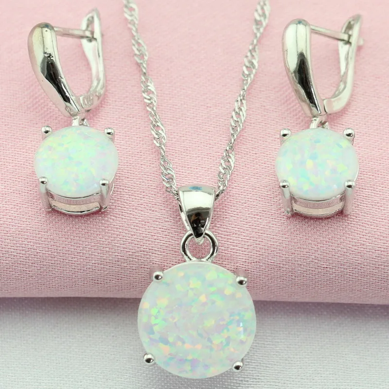 
Round White Australia Opal Silver Color Jewelry Sets Drop Earrings Pendant Necklace For Women Free Gift Box 