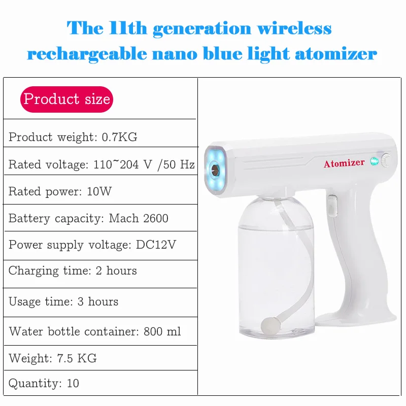 
High Pressure Wireless Rechargeable Atomizing Sanitizing Blue Ray Nano Sprayer Gun For Home Outdoor School 