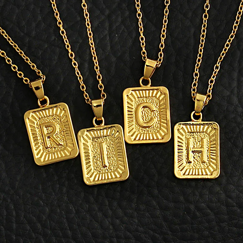 Fashion Gold Plated English 26 Letters Square Pendant Necklace Women Man Hiphop Gold Link Chain Fine Jewelry Ornaments