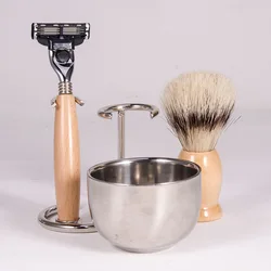 Роскошный мужской набор для бритья включает кисть для бритья барсука с ручкой из бичевого дерева Роскошная ручная безопасная бритвенная щетка и подставка для бритвы миска для мыла