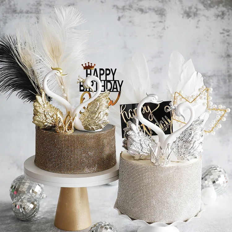 Romantic Gold Silver Swan Cake Topper Kids Favors Crown Happy Birthday Pearl Feather Wedding Cake Decoration Party Supplies