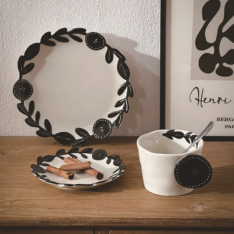 Lelyi Factory direct sales new design Japanese retro rattan leaf ceramic cup with saucer creative coffee cup set