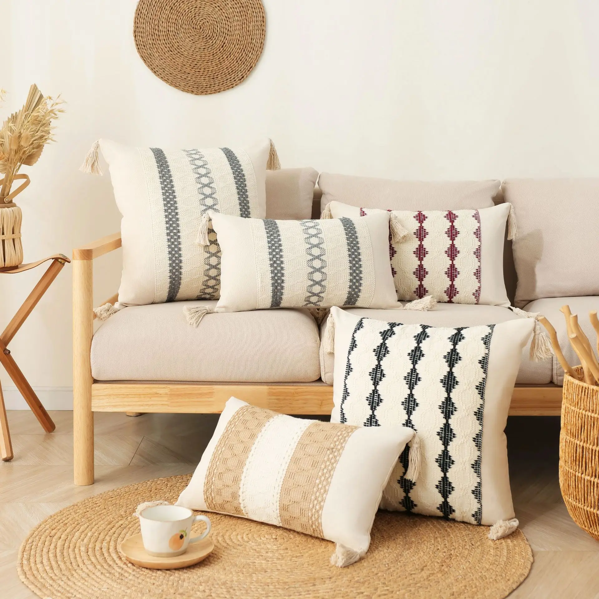 Striped Cotton Canvas Tassel Jacquard Throw Pillow Cover Macrame Patchwork Decorative Sofa Cushion Cover Lumbar Pillow