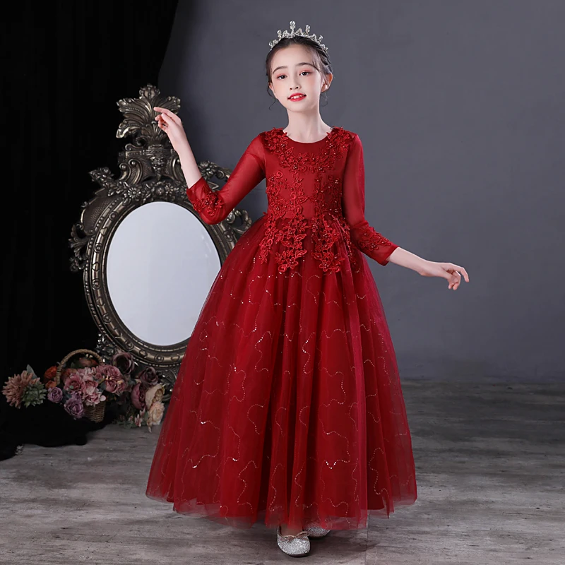 Baby Girls Dresses Designs Fashion Formal Beaded Tulle Lace Children Girl 7th Birthday Party Dress CW683