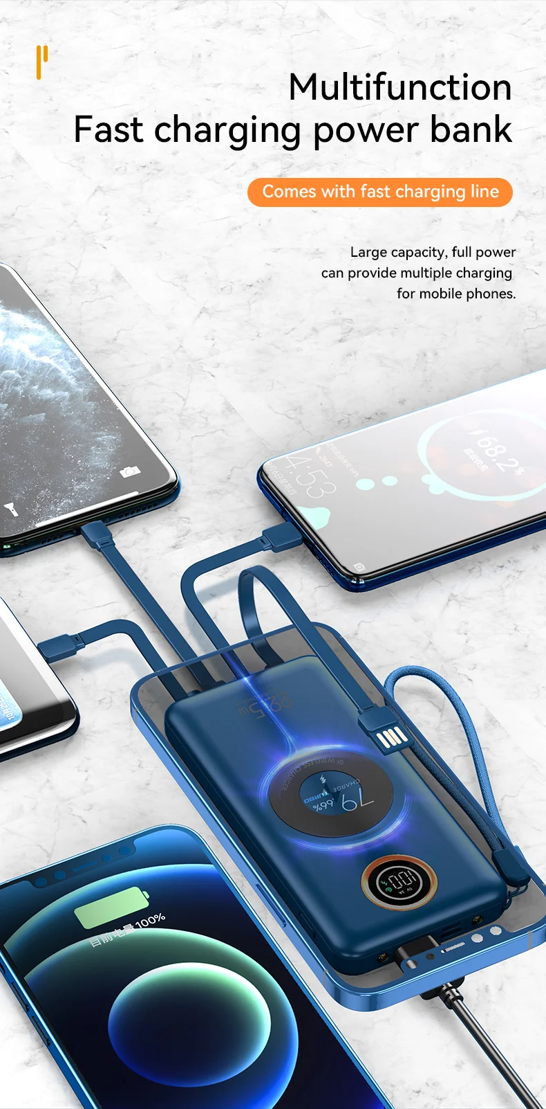 Multifunction 7-in-1 Power Bank 20000mAh External Battery Wireless Charge 18W 20W 22.5W PD Fast Charging Power Bank