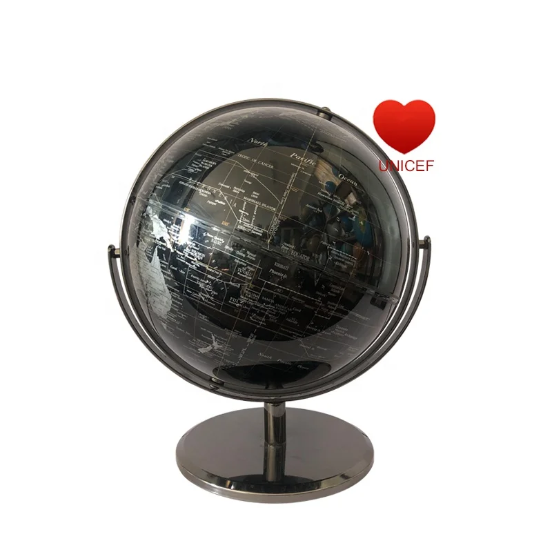 
All direction 25cm black silver silk printing world globe PVC surface ABS inner ball Silver metal base home deco desktop globes 