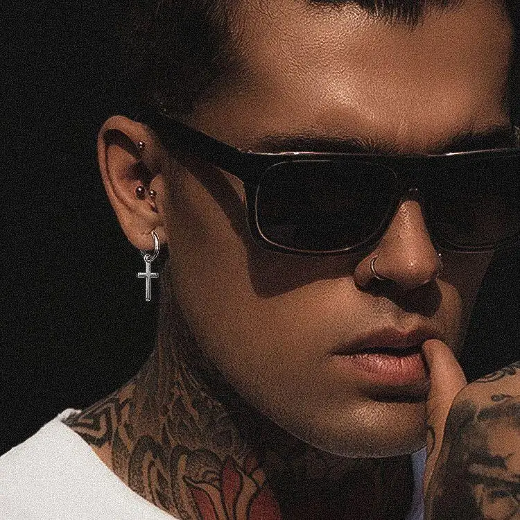 Wholesale IN Stock Huggie Hoop Earrings 925 Sterling Silver 14K White Gold Plated Big Cross Dangle Hinged Earrings for Men Women