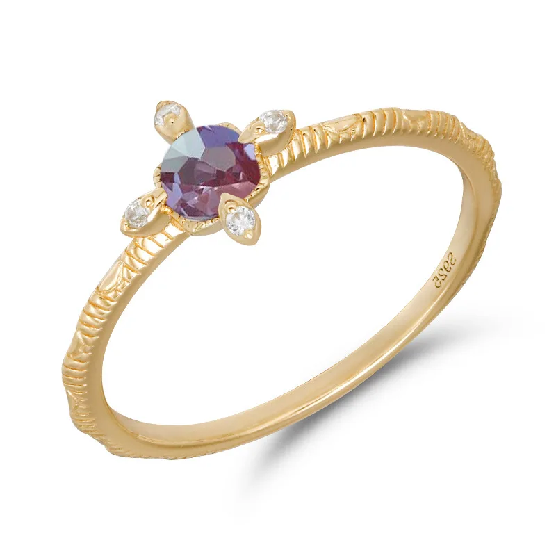 925 Sterling Silver 14K Gold Plated Gemstone Retro Cz Zircon Star Flower Alexandrite Ring