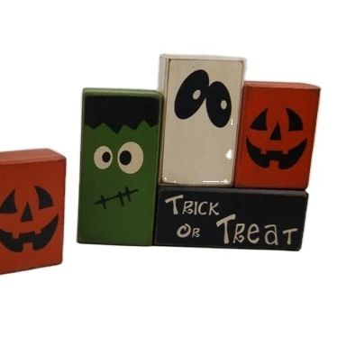JUNJI Happy Halloween With Frankenstein Ghost Pumpkin Halloween Primitive Wood Sign Blocks