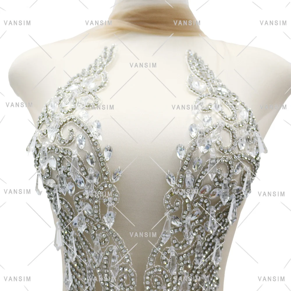 crystal diamond stone embellishment New Silver Ice drop bead pendant prom dress rhinestone bodice applique