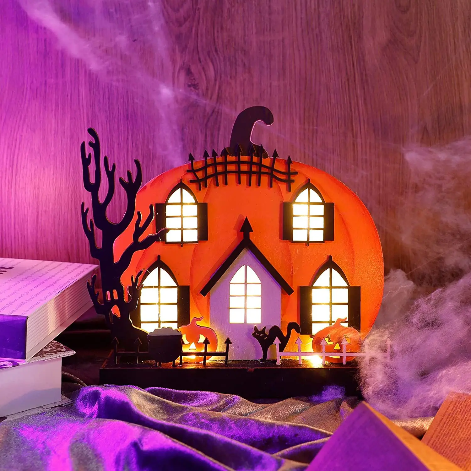 Pumpkin House Lighting Ornament Halloween LED Light Home Holiday Decoration Ornament Wooden Craft Gift Ornament
