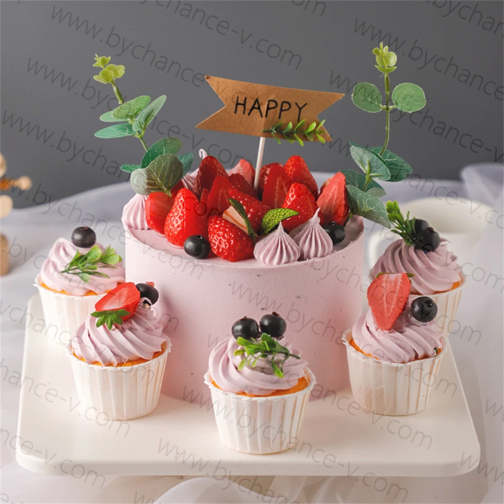 High end artificial strawberry fake birthday cake and cupcakes model kits for Wedding party event elegant centerpieces