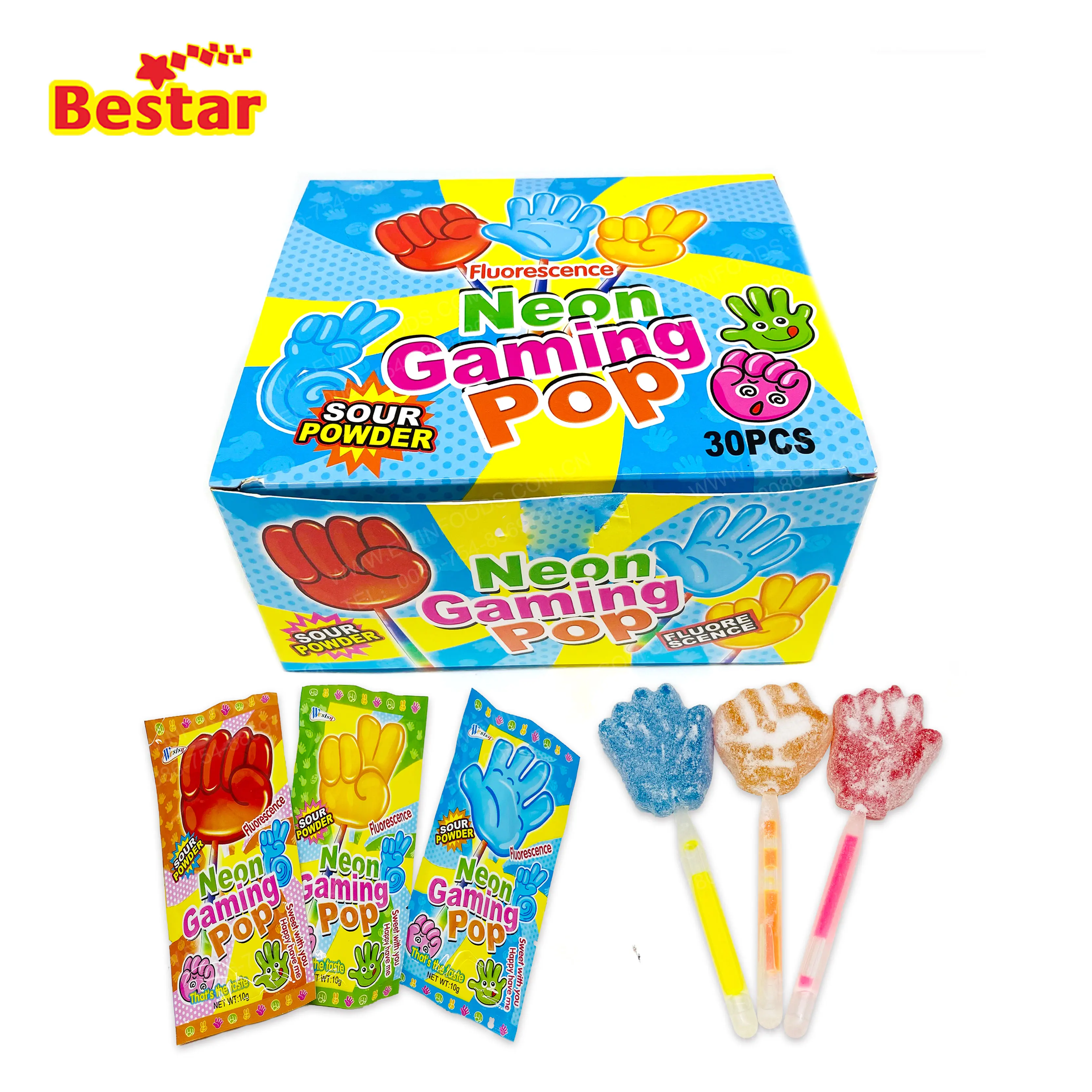 Kids Fluorescent Lollipop Palm-shaped Colorful Packaging Lollipop Wholesales Popping Candy